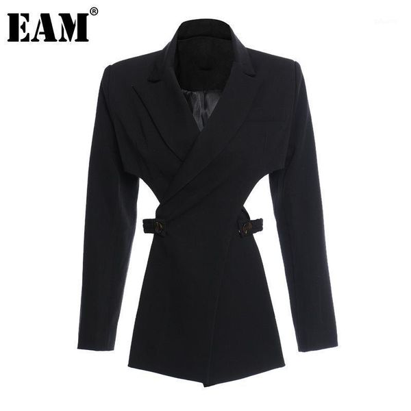 

eam] women black cross split joint blazer new lapel long sleeve loose fit jacket fashion tide spring autumn 2021 1z8211, White;black