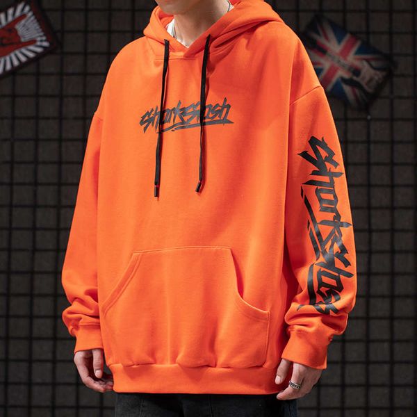 

street plush men's fall / winter hip hop abstract print loose hoodie, Black