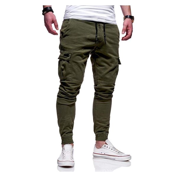 

men's pants cotton cargo multi pocket solid breathable casual trousers fashion hip hop streetwear skinny joggers p0126, Black