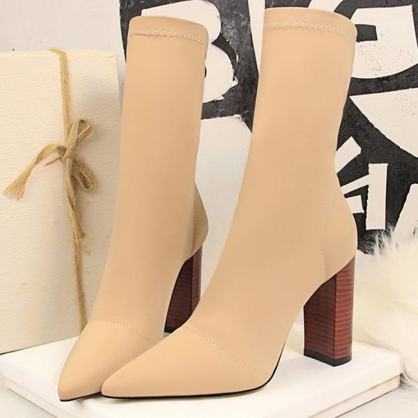 

boots 2021 women stretch chunky block 9.5cm high heels fetish green ankle stripper silk satin spring shoes1, Black