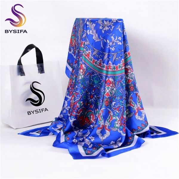 

bysifa] ladies shawl spring autumn women large square scarves new accessories blue silk head scarf cape 110*110cm y201007, Blue;gray