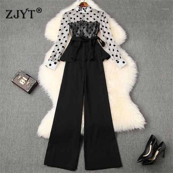 

2020 new spring elegant office lady pants two piece outfits fashion dot print chiffon blouse and long pants suit set twinset1, White