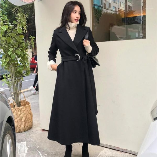 

autumn winter new coat 2020 casual adjustable waist women woolen overcoat slim suit collar coat lady wind long jacket1, Black