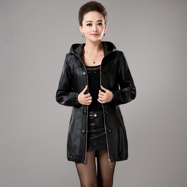 

women's leather & faux womens pu jackets large size ladies single-breasted hooded sheepskin coat windbreaker female trench outerwear, Black