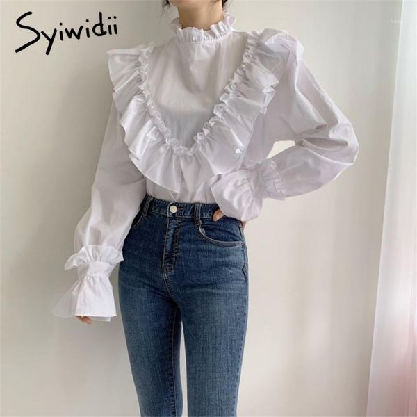 

syiwidii new women blouses chic ruffle stand collar loose solid white shirts patchwork casual women korean fashion clothing1