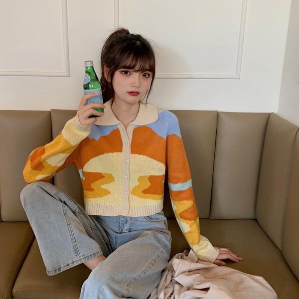 

colorful sunset jacquard cropped sweater women turn down collar long sleeve knitted jumpers single breasted long sleeve x379, White