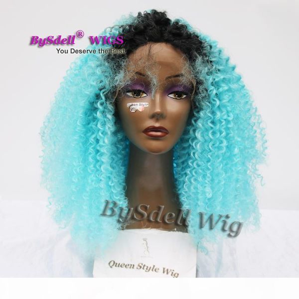 

2018 trendy color lake blue hair wig with black roots synthetic afro kinky curly hair front lace wigs for black women