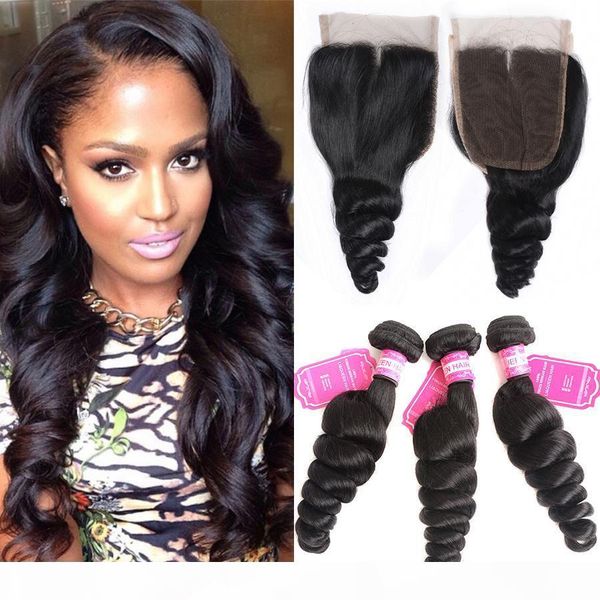 

unprocessed human hair lace closure with hair bundles loose wave mongolian bundles with closure natural hair weaves, Black;brown