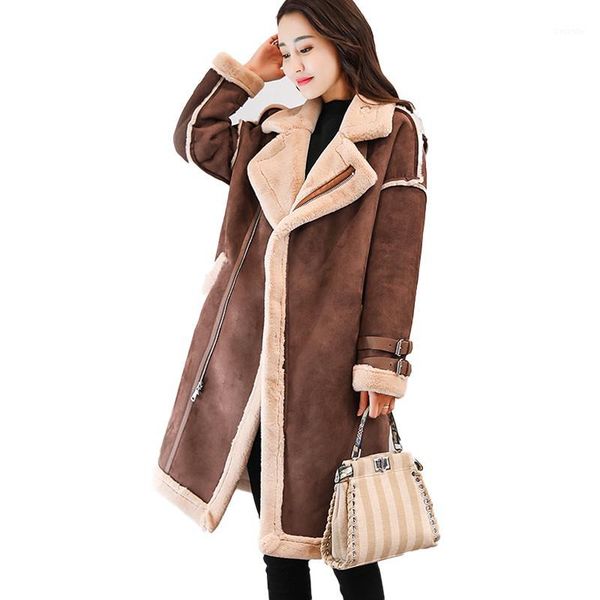 

2019 winter female suede jacket women parka long deerskin lambswool motorcycle jacket thick warm cotton coat ladies overcoat1, Black