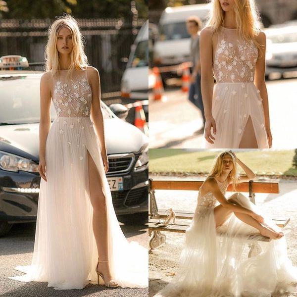 2021 do casamento de praia Vestidos Bohemian Sexy Illusion Top Beading Flores Side Slit Tulle sob encomenda do casamento Made vestido Vestido de novia