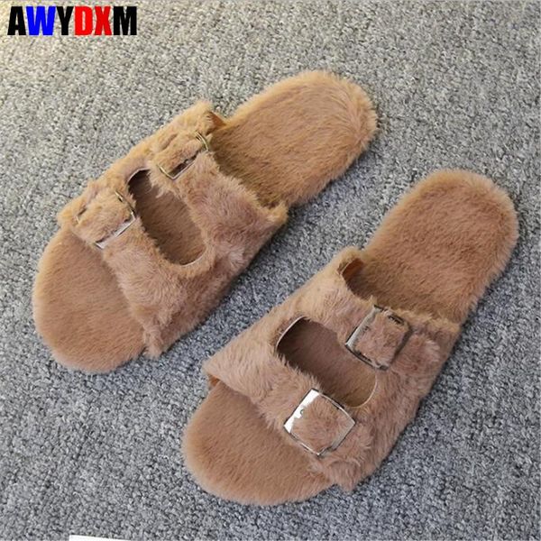 

зимние плюшевые теплые тапочки женщины пушистые меховые комфортные плоские женские туфли мода пряжка крытый спальня тапочки женские флип, Black