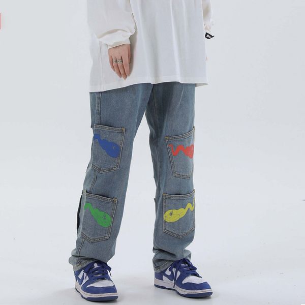 

color tadpole print streetwear casual denim pants 2020 harajuku hip hop baggy pants autumn loose joggers trousers q0105, Black;white