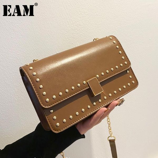 

shoulder bags [eam] women metal chains square rivet pu leather flap personality all-match crossbody bag fashion tide 2021 18a1550