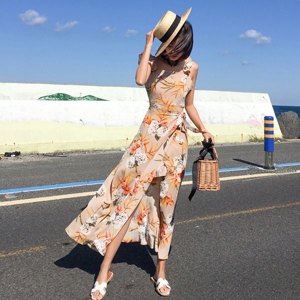 

санья женщин 2020 праздник skirtbeach юбки пляж skirtsummer новый приморский праздник платье одна линия воротник высокой талии открытой задн, Black;gray