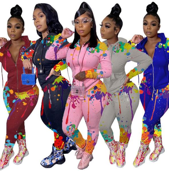 

tie-dye colorful splash ink print women designers clothes hooded long sleeve zipper jacket pants leggings sports suit outfits d102804, White