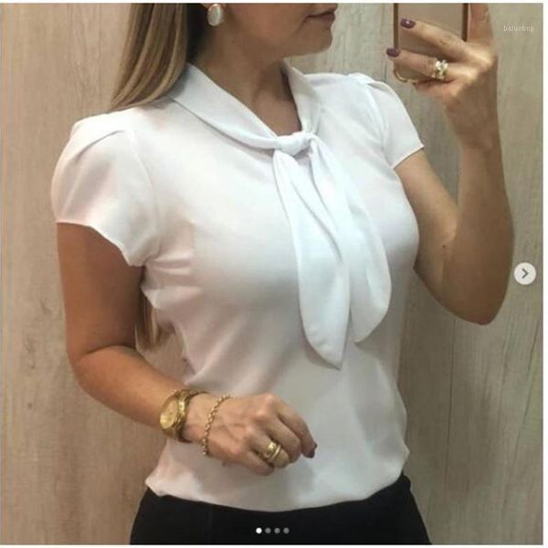 

lace up bow tie shirt 2020 summer short sleeve chiffon casual blouse plus size 3xl office lady blusas elegant blouse1, White