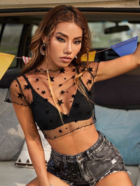 

star print mesh sheer n9ka#, White