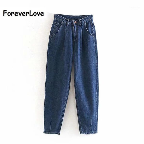

jeans women 2020 loose casual harem pants boyfriends mom jeans streetwear denim pants pleated trousers slouchy1, Blue
