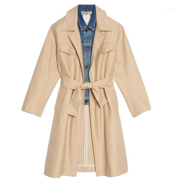 

french single s home autumn winter medium-long fake two piece set cowboy spliced windbreaker trench coat for women clothes1, Tan;black