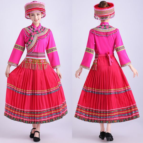 

miao dress ethnic clothing festival stage performance wear hmong embroidery skirt suit classical folk costumes for singers, Black;red
