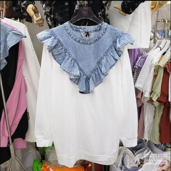 

2021 autumn new ruffled denim stitching long-sleeved sweatshirt women's korean-style all-match jumper loose hoodie shirt 1, Black