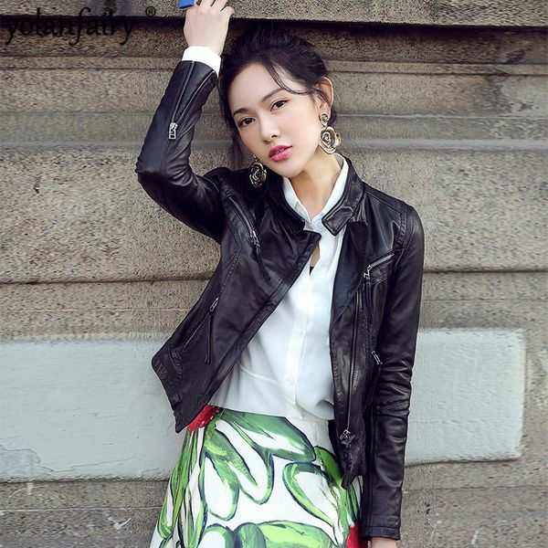 

yolanfairy geniune leather jacket women sheepskin leather plus size jacket short motocycle outwear jaqueta de couro 6661 mf169, Black