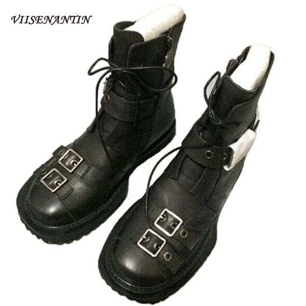 

boots thick heel square toe high all-match flat shoes women retro black metal buckle strap lace-up motorcycle ankle