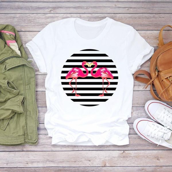 

women 2020 cartoon flamingo striped beach cute summer fruit shirt ladies womens t-shirts t graphic female tee t-shirt, White