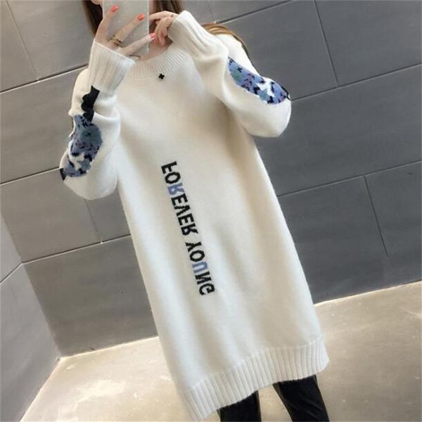 

2019 new women's spring autumn o-neck knitted sweaters dresses woman long style letter sweater dress 4 colors, White;black