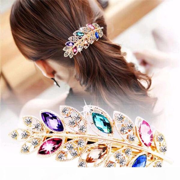 

1 pc beautiful women fashion hair clip pink leaf crystal rhinestone barrette hairpin headband for women hair accessories, Black;brown
