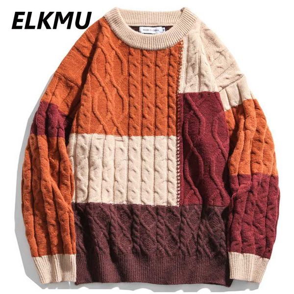 

elkmu streetwear color block patchwork knitted sweaters men women harajuku vintage pullover knitwear fashion male he320, White;black
