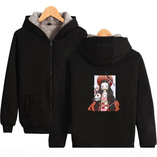 

winter mens jackets and coats japan anime demon slayer kimetsu no yaiba oversized hoodie thicken warm zipper hooded sweatshirt, Black