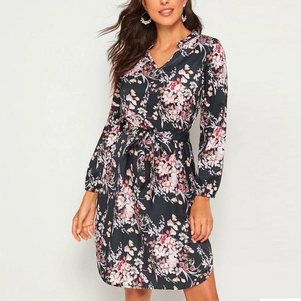 

stylish bar fashion women floral printed dress long sleeve bandage v-neck bodycon 2020 dresses female elegant clothing vestidos1, Black;gray