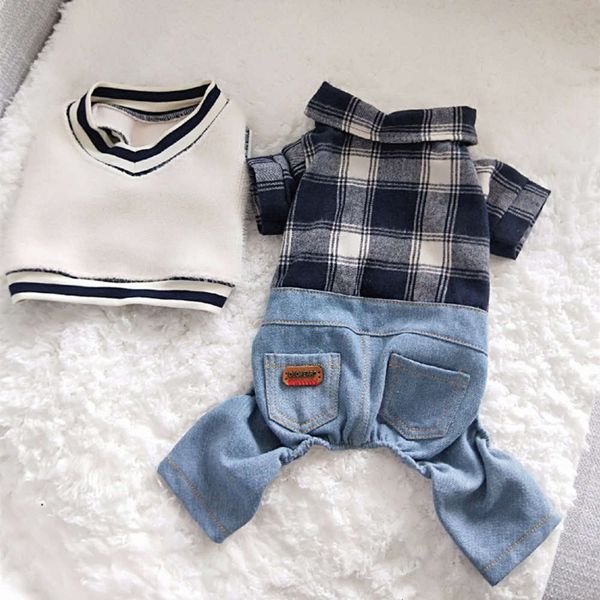 

two piece suit plaid shirt sweater vt pet little dog four legged teddy bear bomei autumn cloth