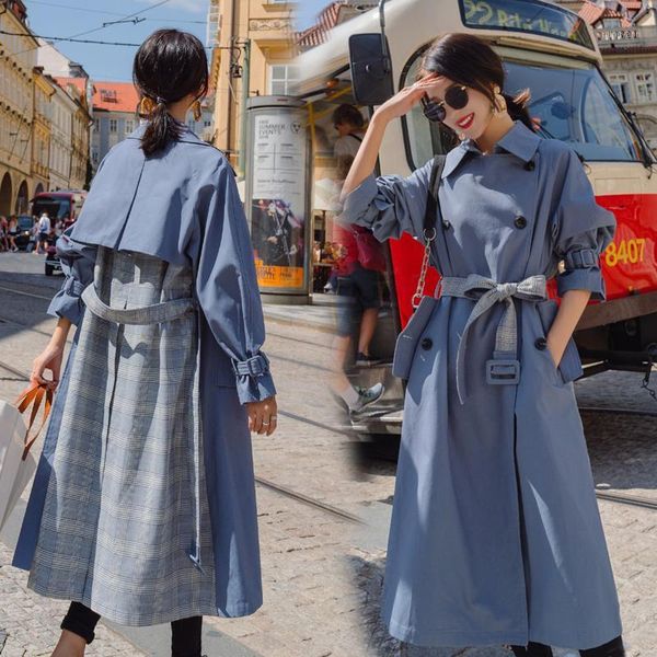 

trench coat women new fashion splice plaid outwear personality turn-down collar ladies spring korean female coat casual trench1, Tan;black