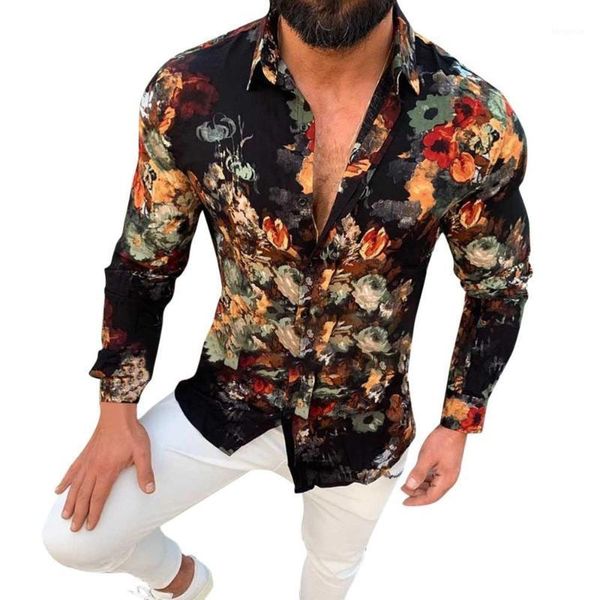 

men shirt floral print long sleeve turn down collar shirts slim fit casual blouse men clothing chemise homme1, White;black
