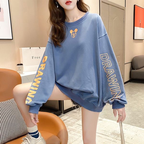 

46piq women's coat thin sweater autumn fashionable ins sweatersweater korean 2020 long loose sleeve fashionable round neck printed earl, Black