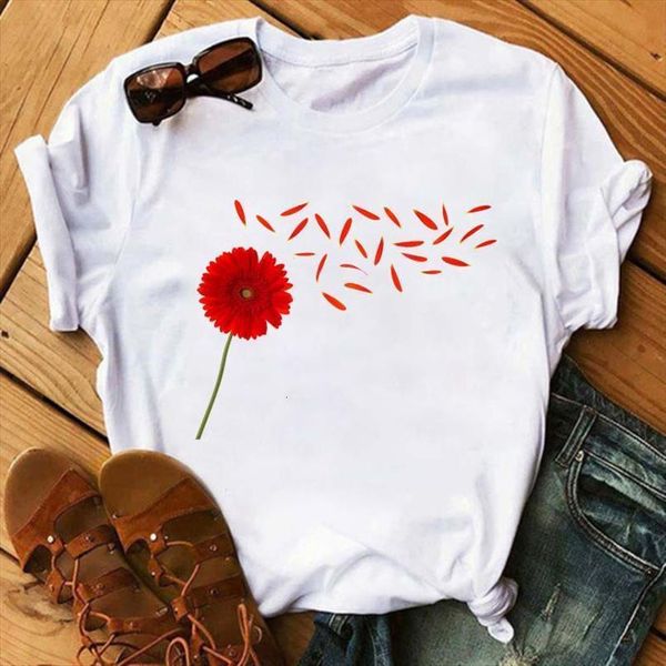 

colorful dandelion print t shirt women short sleeve o neck loose tshirt women tee shirt female clothes camisetas mujer, White