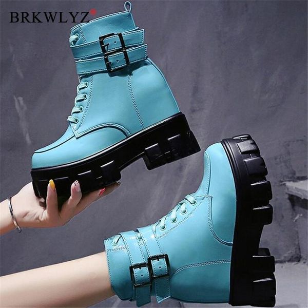 

women autumn winter plush warm snow boots metal buckle wedge platform ankle boots 10cm height increaseing booties botas mujer, Black