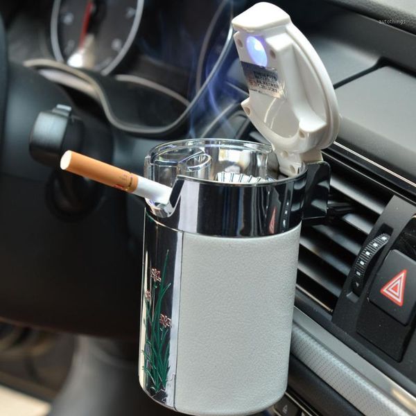 

portable led light ashtray solar energy universal cigarette cylinder holder carbon fiber 2 colors car ashtray fashion portable1
