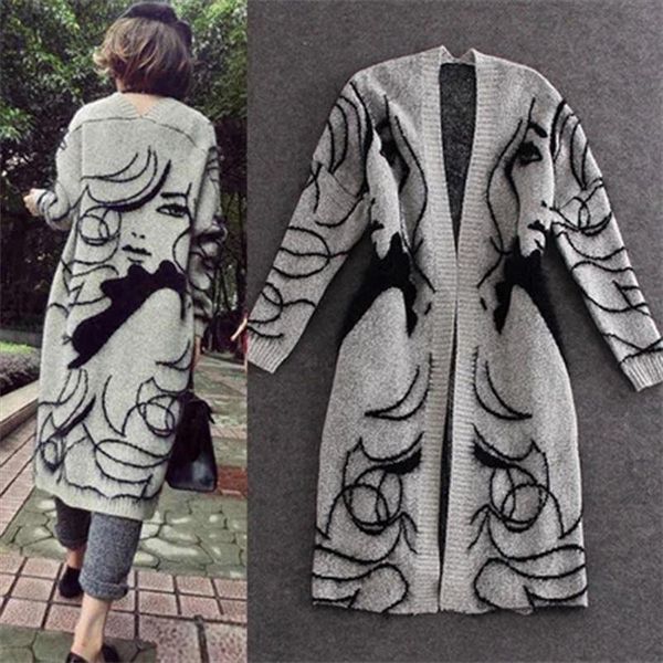 

2021 new autumn winter rabbit hair blend knitted cardigans women girl print jumper sweater thicken maxi cardigan coat oversized, White;black