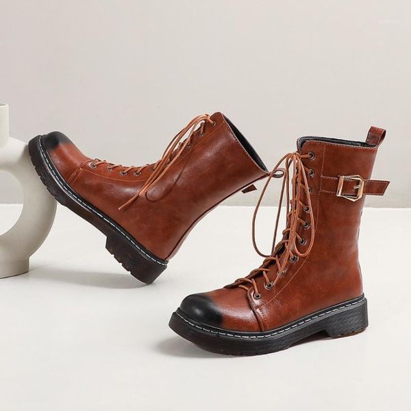 

womens ankle boots round toe retro lace up belt buckle chunk heel shoes punk match colors motorcycle plus size 34-43 warm winter1, Black