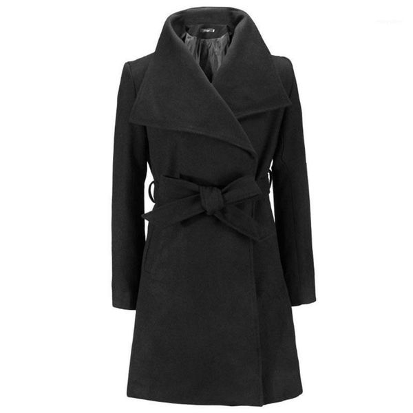 

winter women jacket woolen coat belt slim turn-down collar long overcoat long sleeve casual warm cashmere outwear female black1, Black