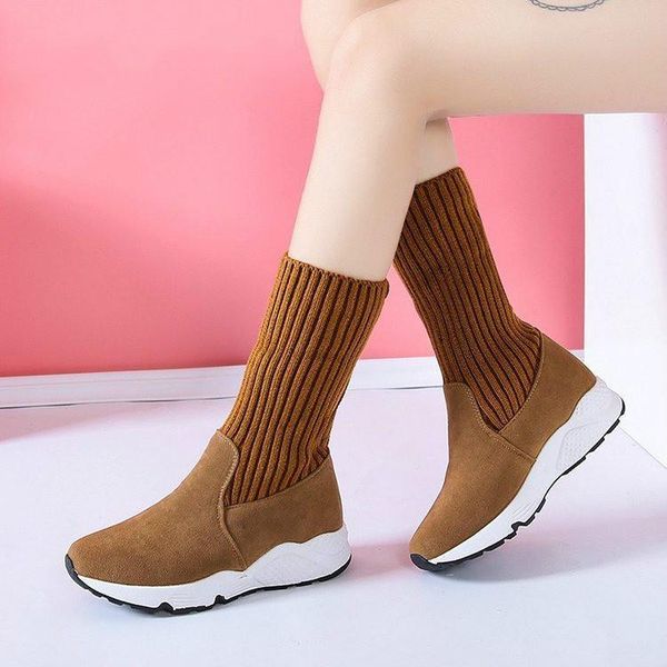 

2020 women snow boots flock stretch sock breathable platform plush fur booties suede warm shoes women winter boots snow sneaker, Black