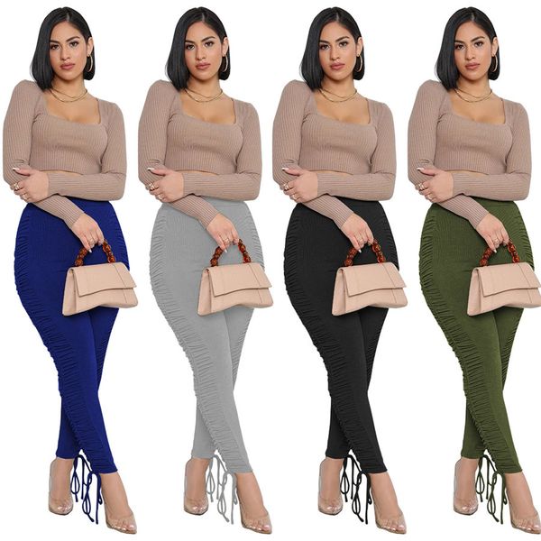 

pleated high waist womens pants spring solid color skinny elastic waist long stacked pants for women, Black;white
