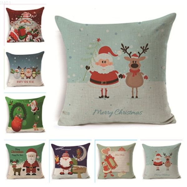 

eco-friendly christmas square cushion cover pillowcase home gift pillow case tree printed linen decorative decoration throw sofa cartoon