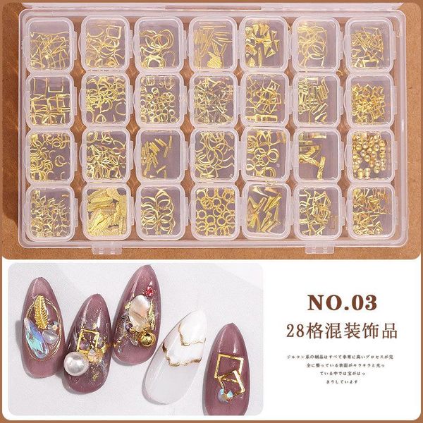 Золотая лобная смесь металлическая рамка ногтей ювелирные изделия 28 сетки / набор заклепки жемчуга оболочки блестящие шарм 3D ногти художественные украшения