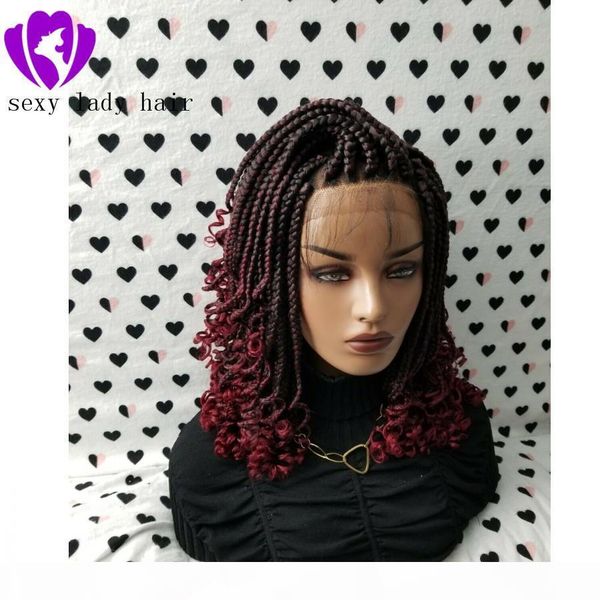 

fashion braided curly wig african american ombre red braided lace wig lace front synthetic short braided wigs with curly tips for women, Black