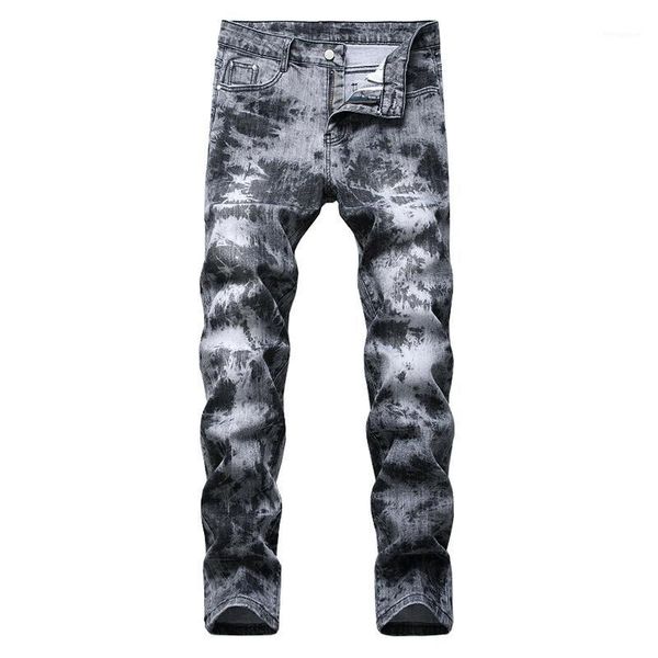 

men's tie and dyed snow washed gray black denim jeans slim straight long pants fashion denim trousers1, Blue