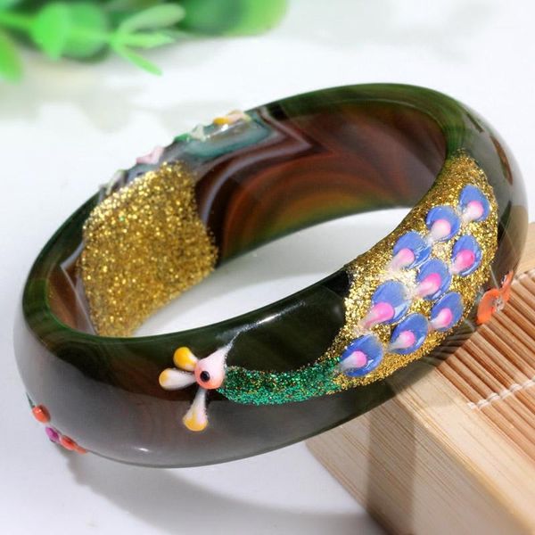 

new bangle 100% natural blackish green jadeite painting peacock shell flower bangle 65mm1, Black